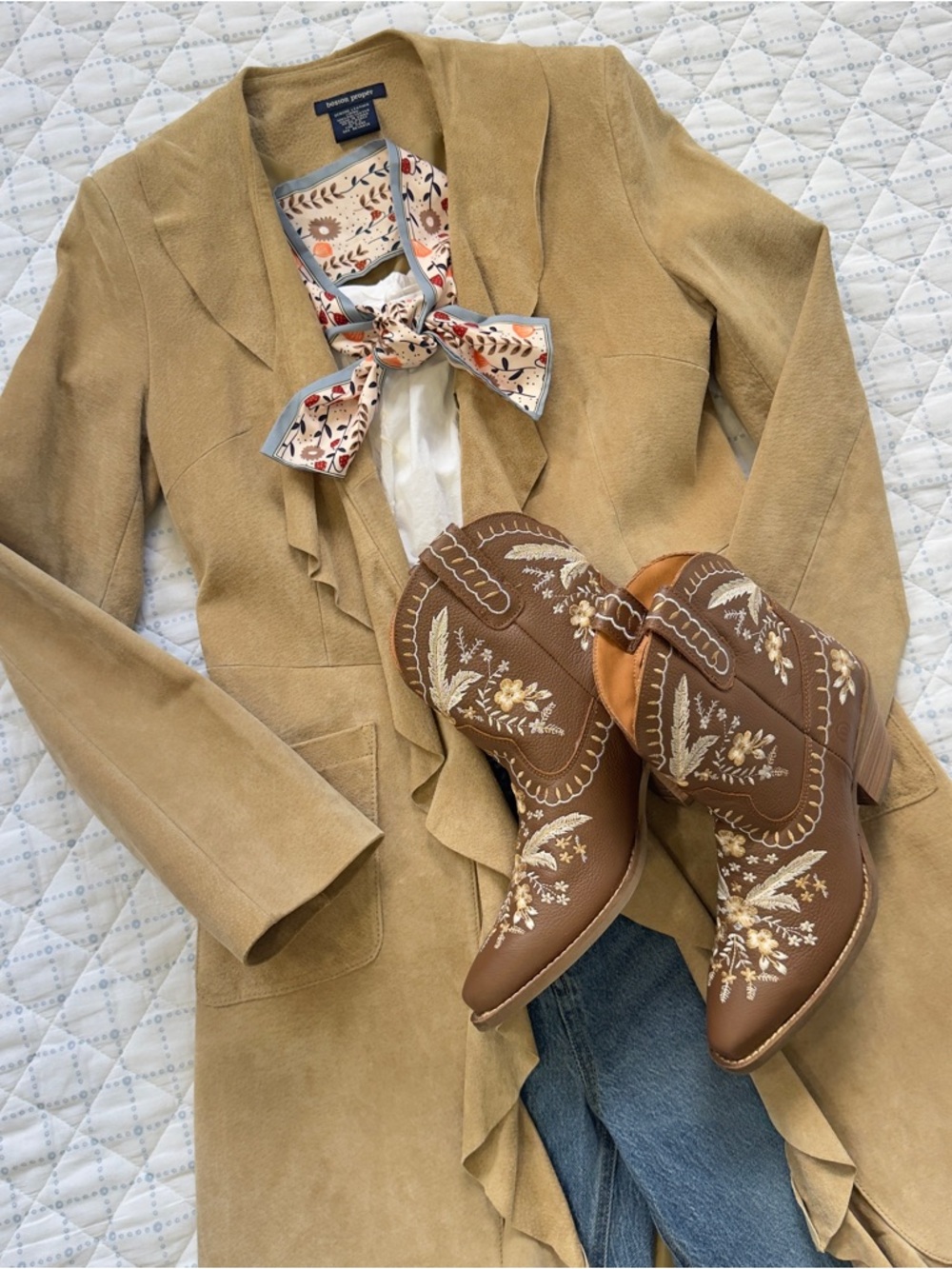 Boston Proper Genuine Suede Coat Camel Tan Ruffle Front Size 2 Y2K Boho